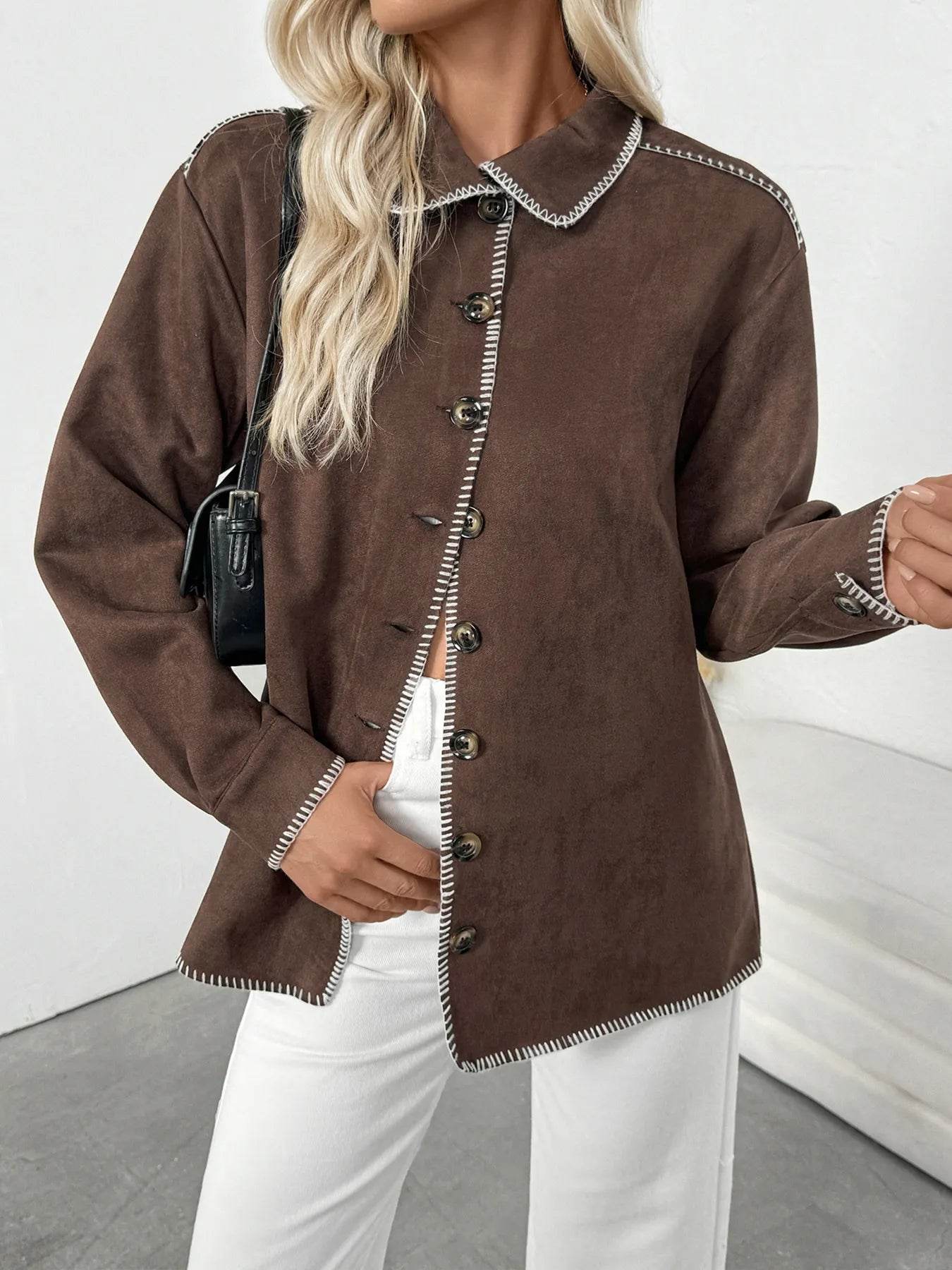 Button Up Contrast Trim Jacket - ELY VESSA LLC
