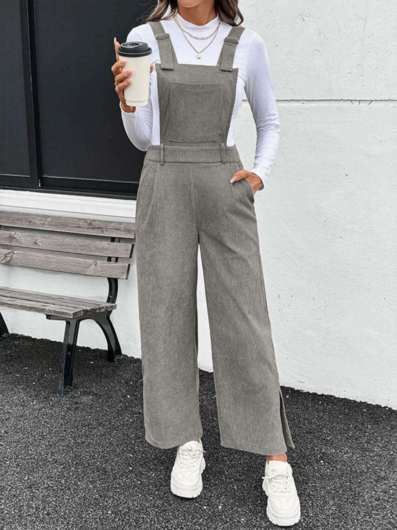 Slit Wide Leg Overalls with Pockets - ELY VESSA LLC