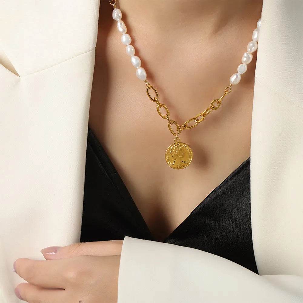 Coin pendant Pearl Titanium Steel Necklace - ELY VESSA LLC