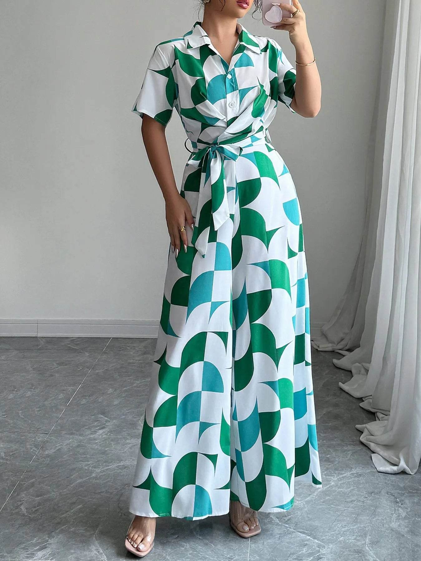 Geometric Print Belted Wide Leg Jumpsuit - ELY VESSA LLC