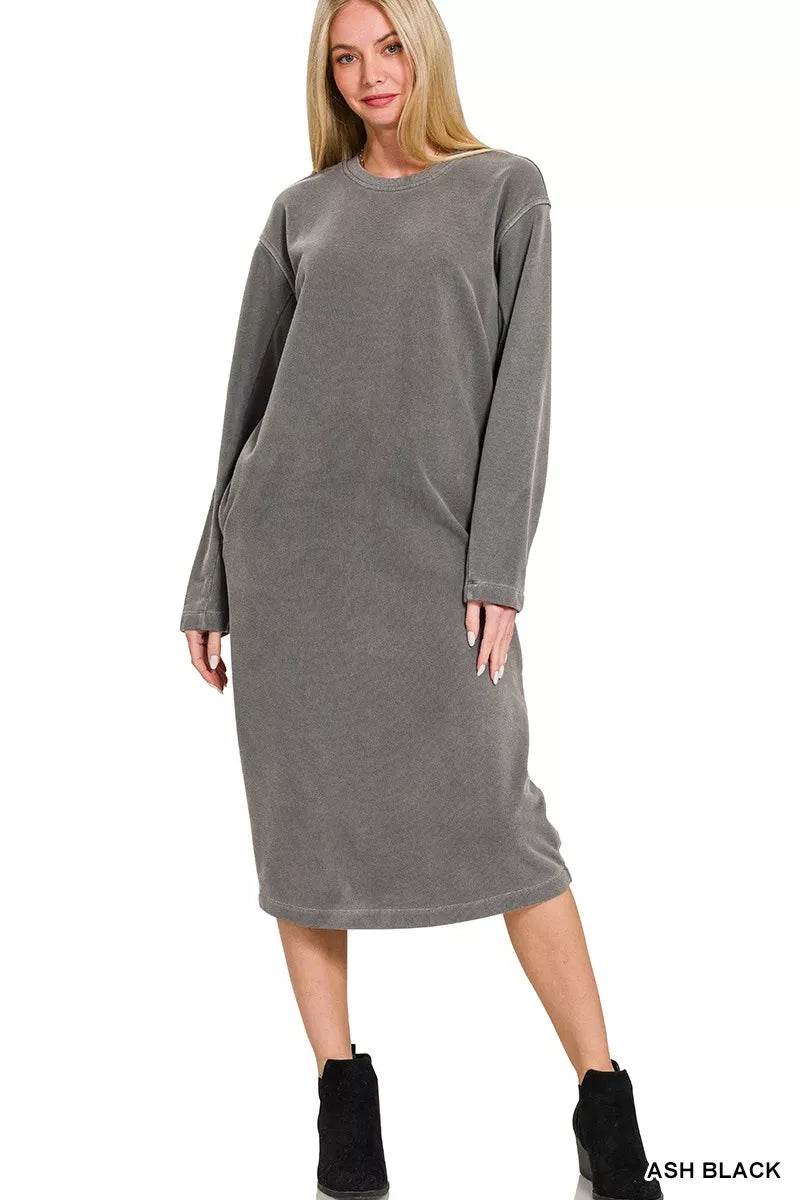 Zenana Soft Fleece Pigment Dye Sweatshirts Dress - ELY VESSA LLC