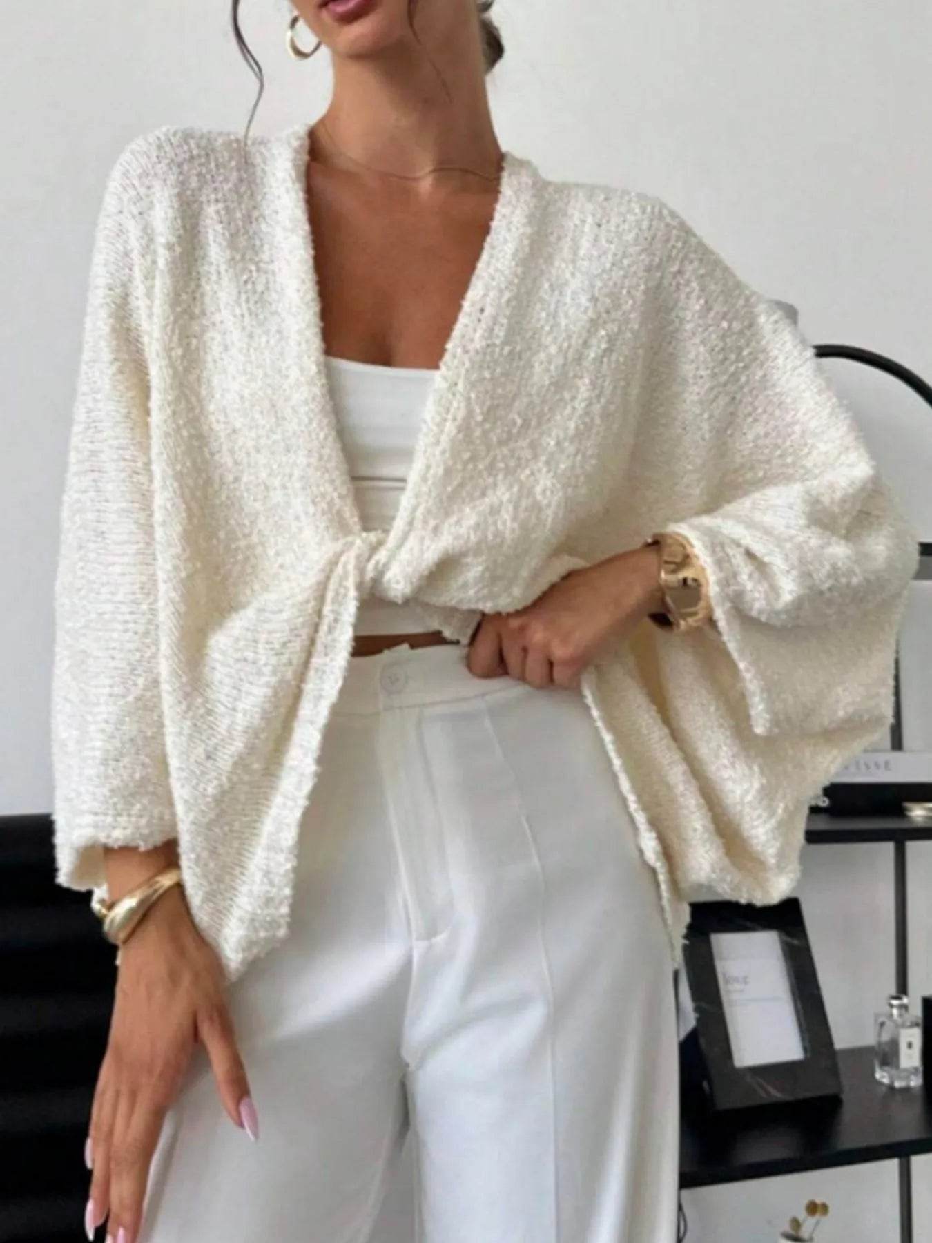 Twist-Front Textured Knit Cardigan - ELY VESSA LLC