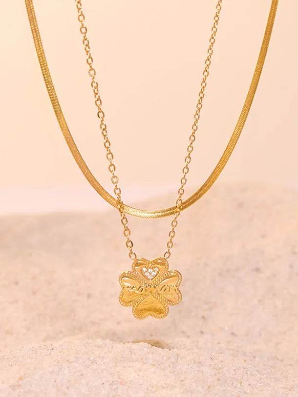 2 Piece 18K Gold-Plated Inlaid Zircon Lucky Clover Necklace - ELY VESSA LLC