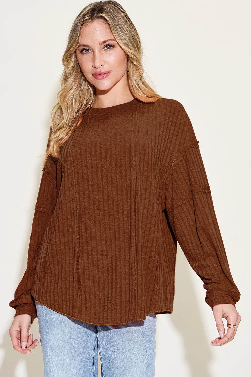 Basic Bae Full Size Ribbed Round Neck Long Sleeve T-Shirt - ELY VESSA LLC