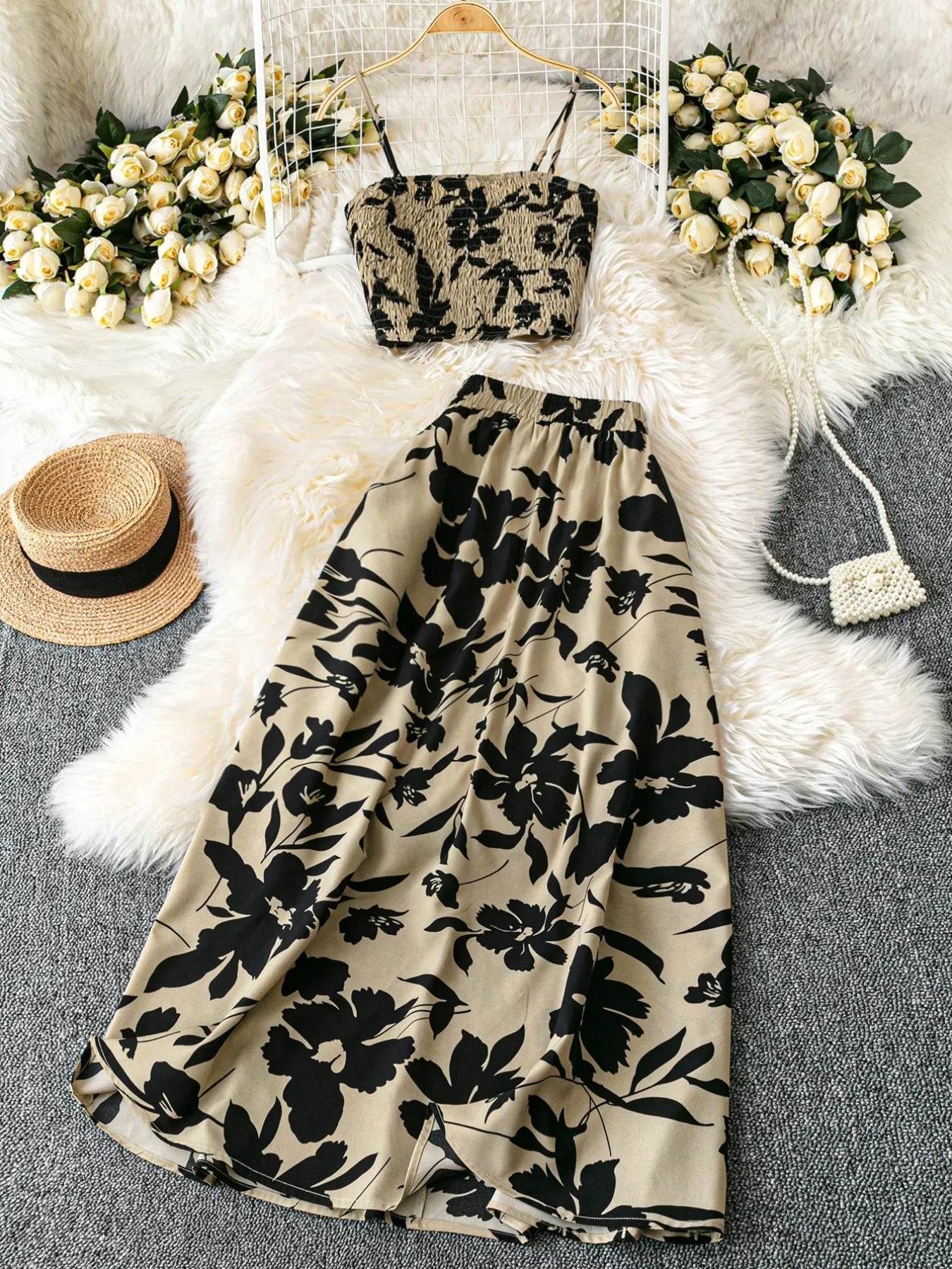Smocked Printed Cami and Skirt Set - ELY VESSA LLC