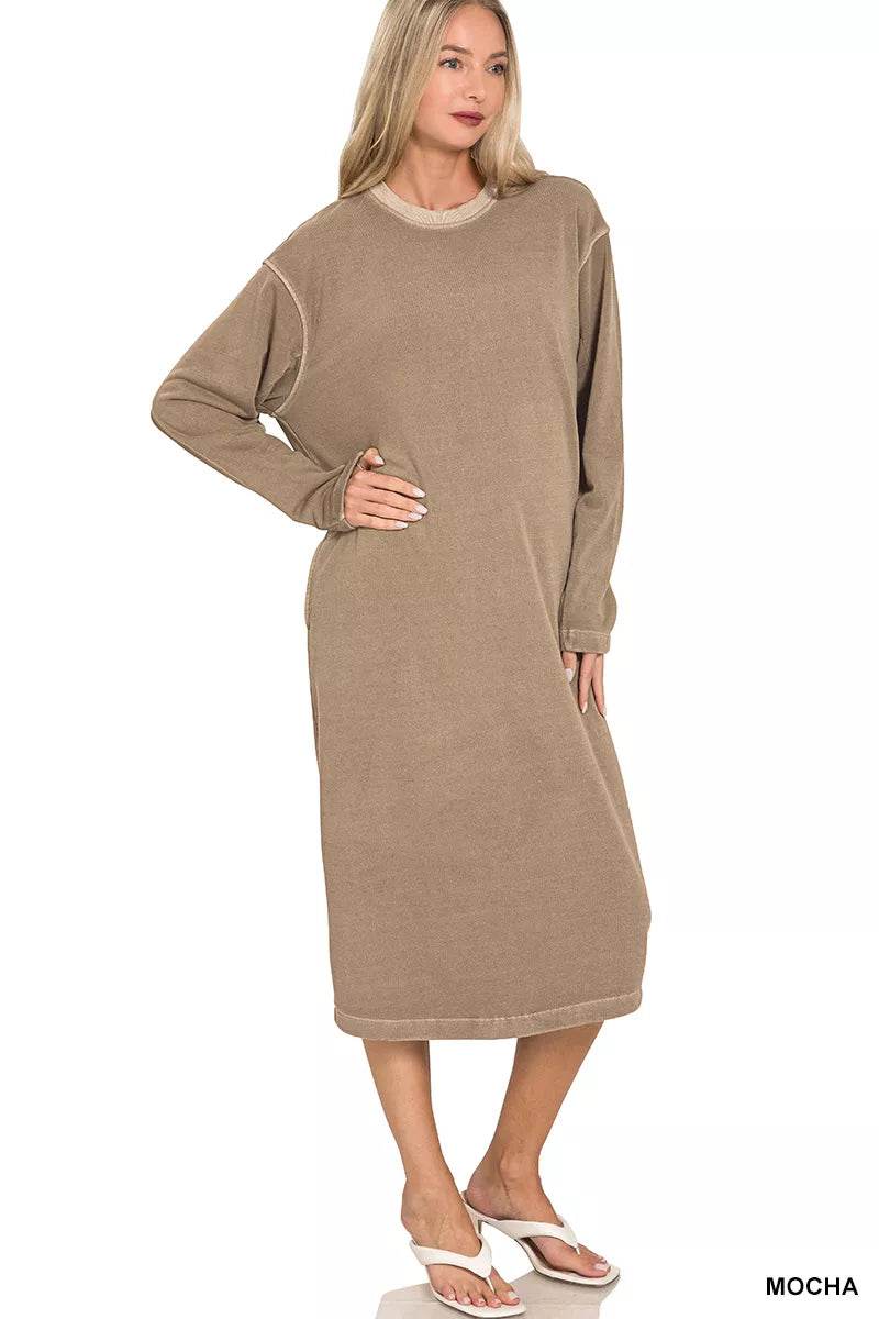 Zenana Soft Fleece Pigment Dye Sweatshirts Dress - ELY VESSA LLC