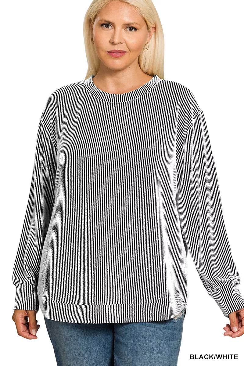 Zenana Full Size Raised Rib Round Neck Long Sleeve Top Plus Size - ELY VESSA LLC