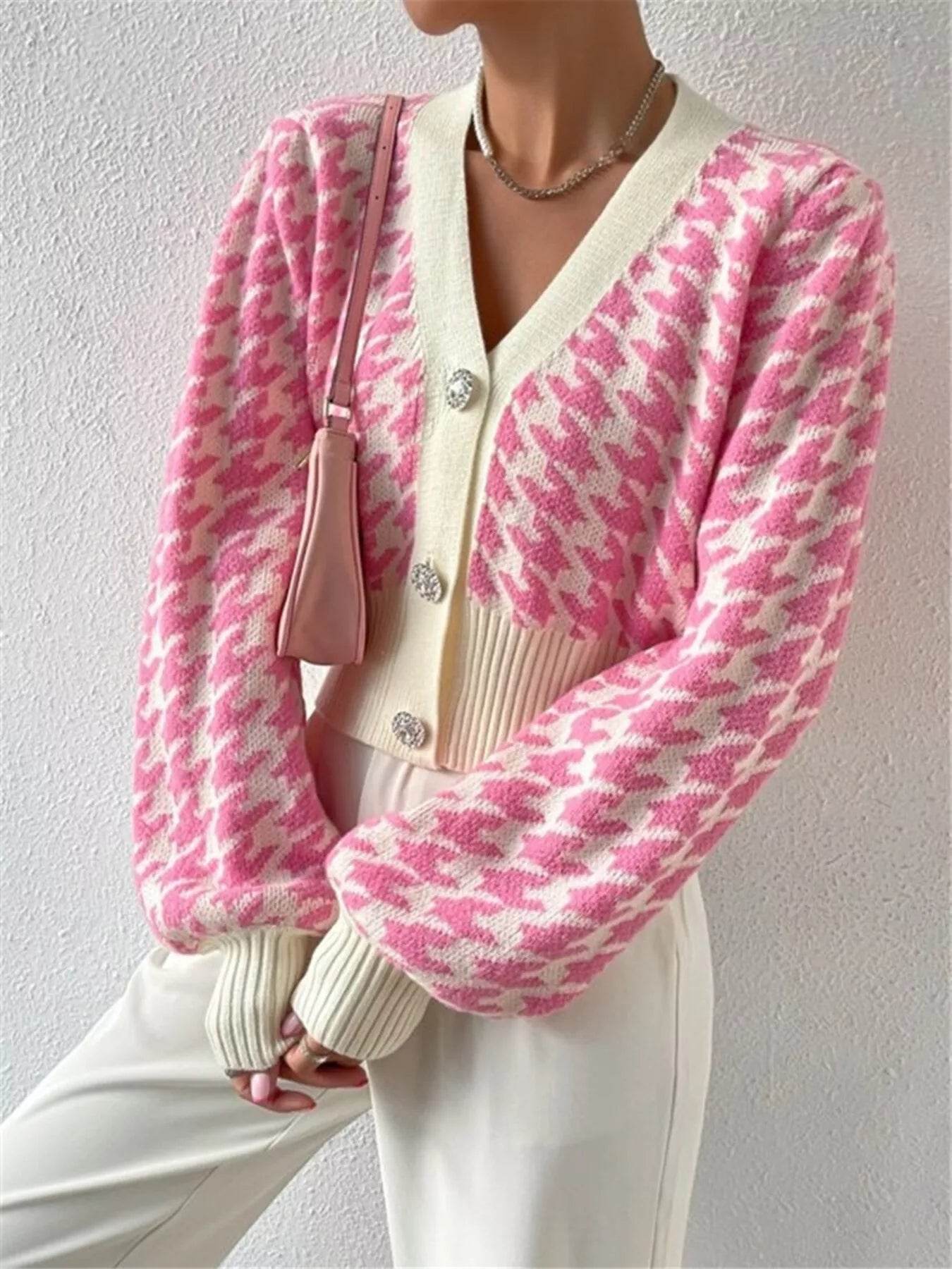 Houndstooth V-Neck Button Up Cardigan - ELY VESSA LLC