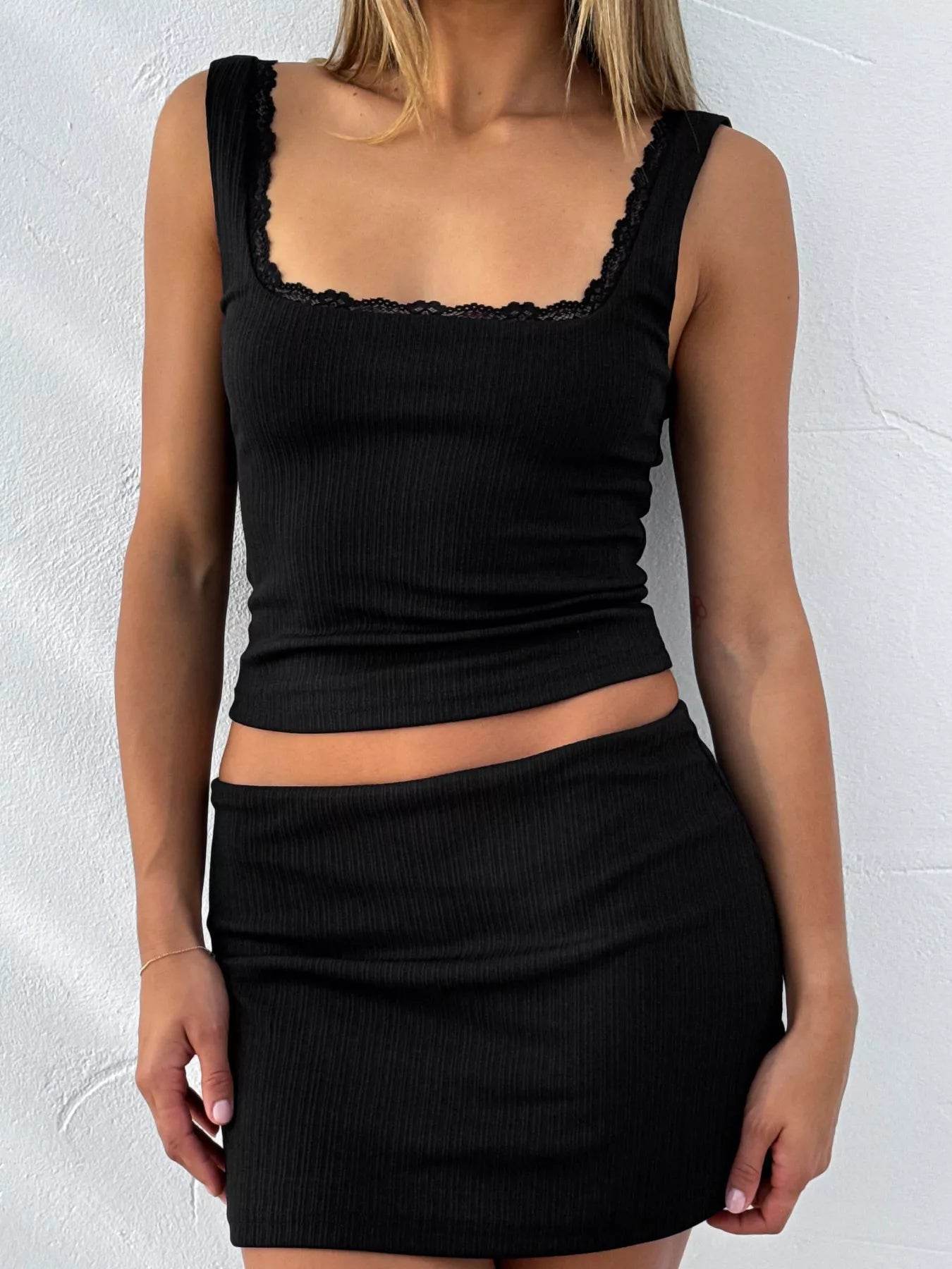 Lace Detail Square Neck Tank and Skirt Set - ELY VESSA LLC