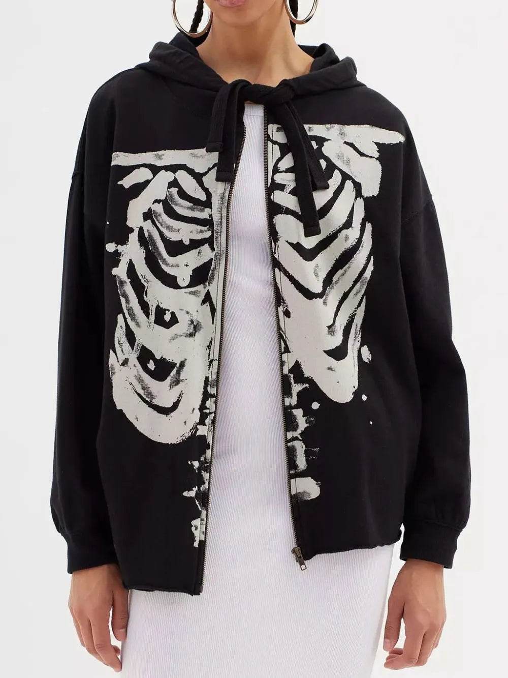 Skeleton Zip Up Drawstring Hoodie - ELY VESSA LLC