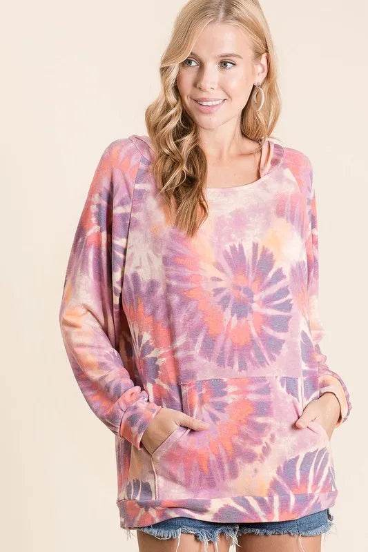 BiBi Circular Tie Dye Print Terry Hoodie with Kangaroo - ELY VESSA LLC