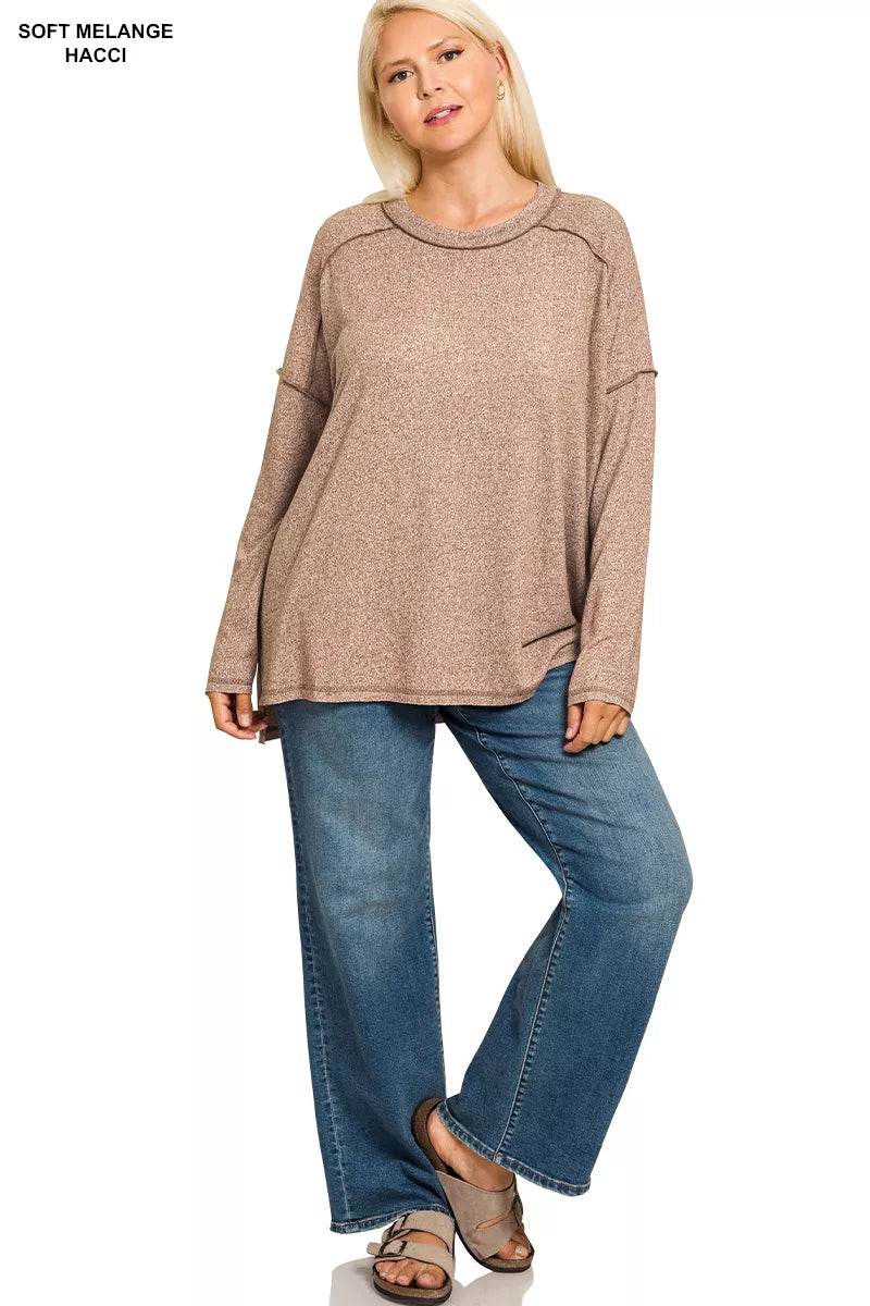 Zenana Full Size Melange Hacci Exposed Seam Hi-low Tee Plus Size - ELY VESSA LLC