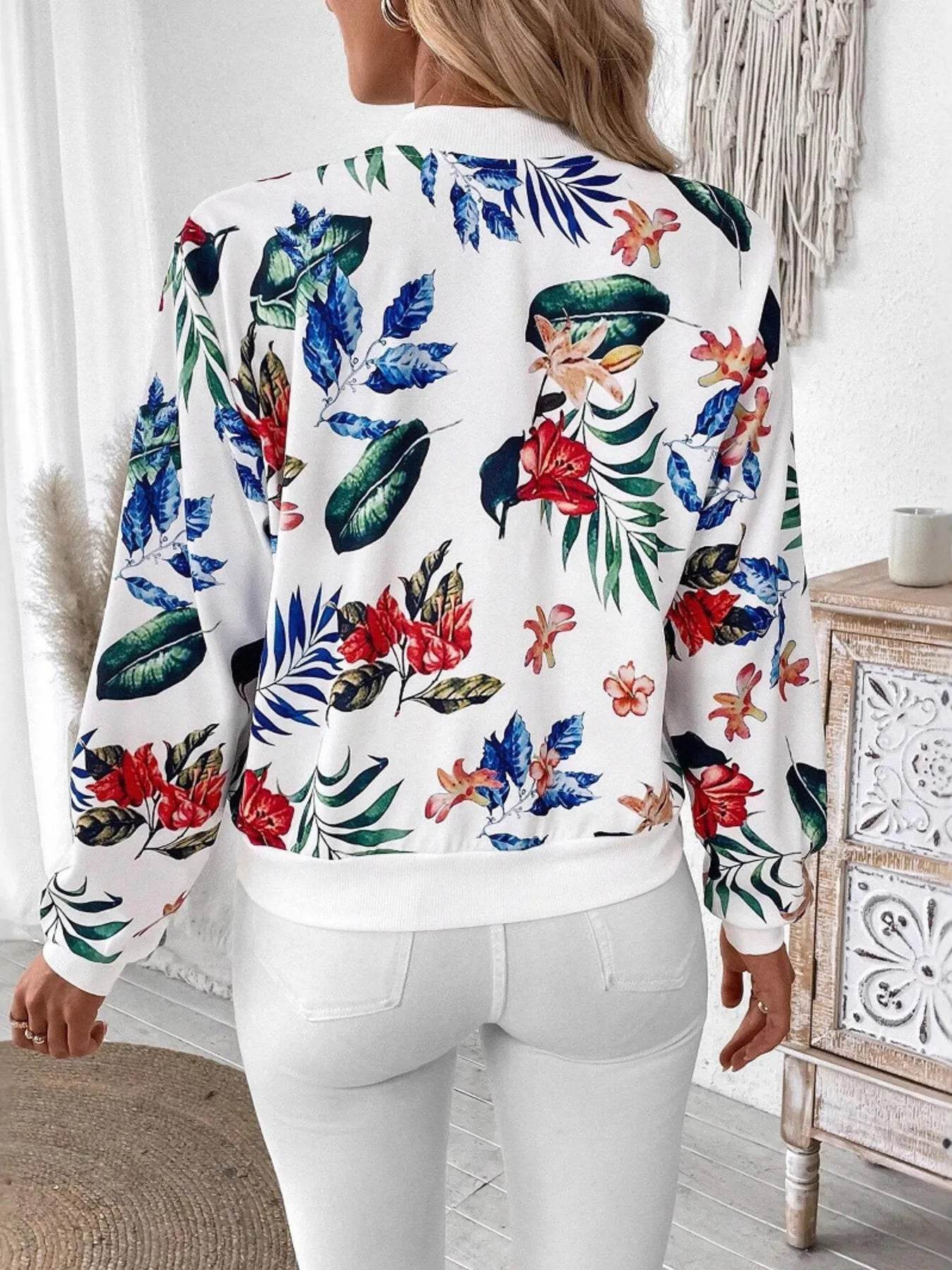 Printed Zip Up Long Sleeve Jacket - ELY VESSA LLC