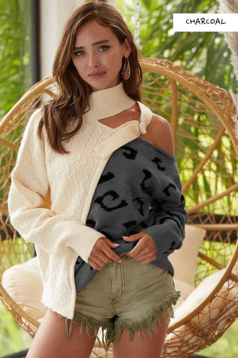 BiBi Cable-Knit Color Block One Shoulder Asymmetrical Sweater - ELY VESSA LLC
