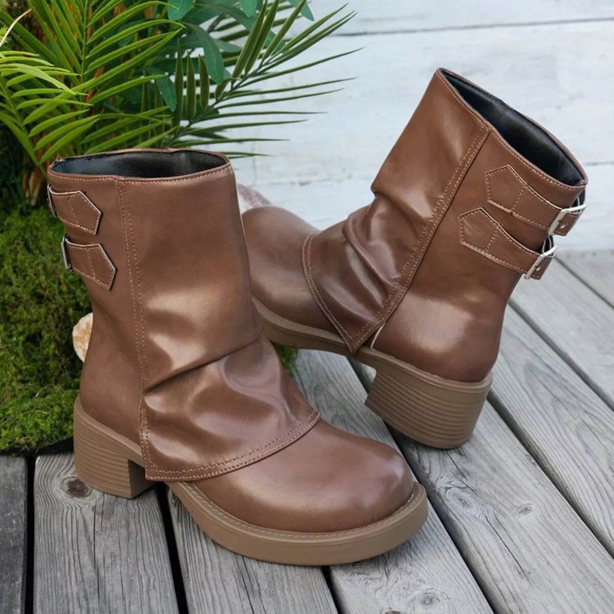 Round Toe Block Heels Boots - ELY VESSA LLC