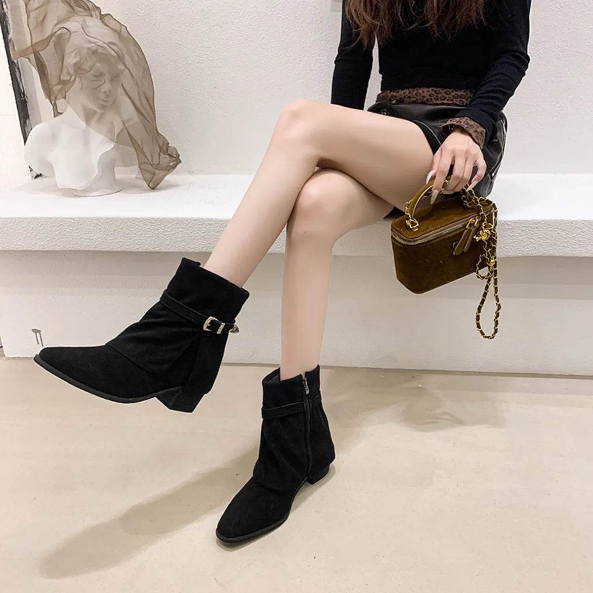 Point Toe Block Heels Boots - ELY VESSA LLC