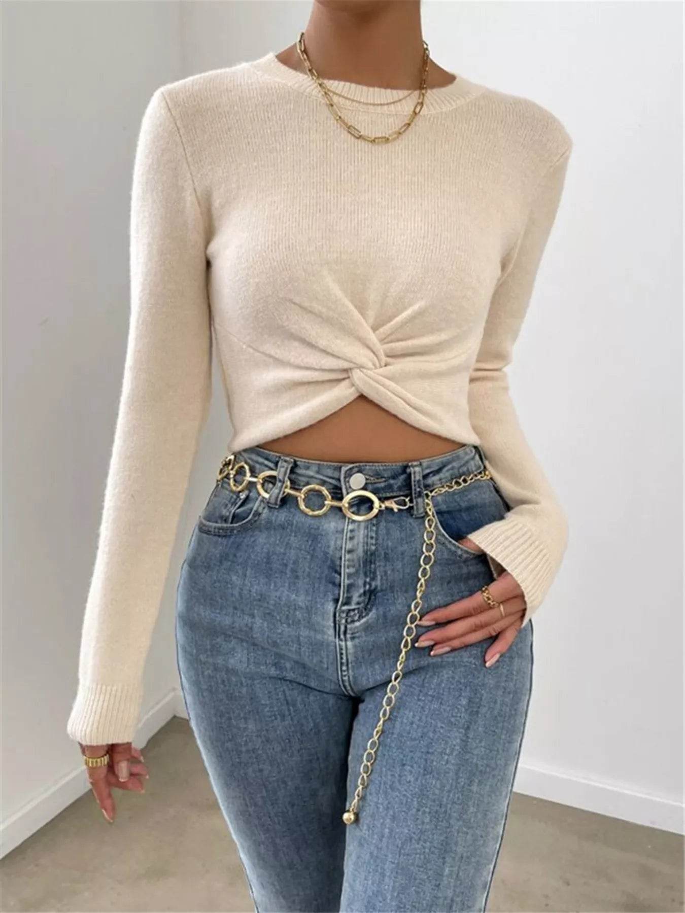 Twisted Front Cropped Knit Top - ELY VESSA LLC