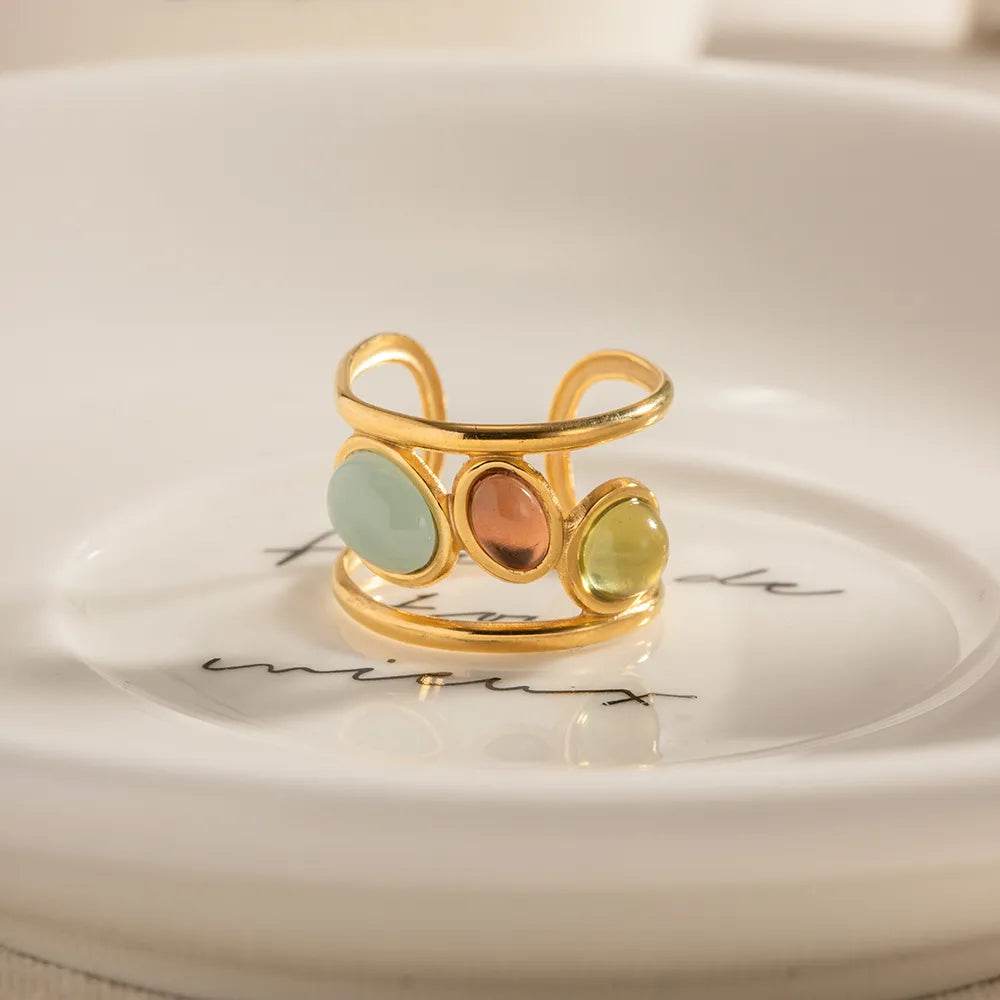 18K Gold-Plated Gemstone Open Cuff Ring - ELY VESSA LLC