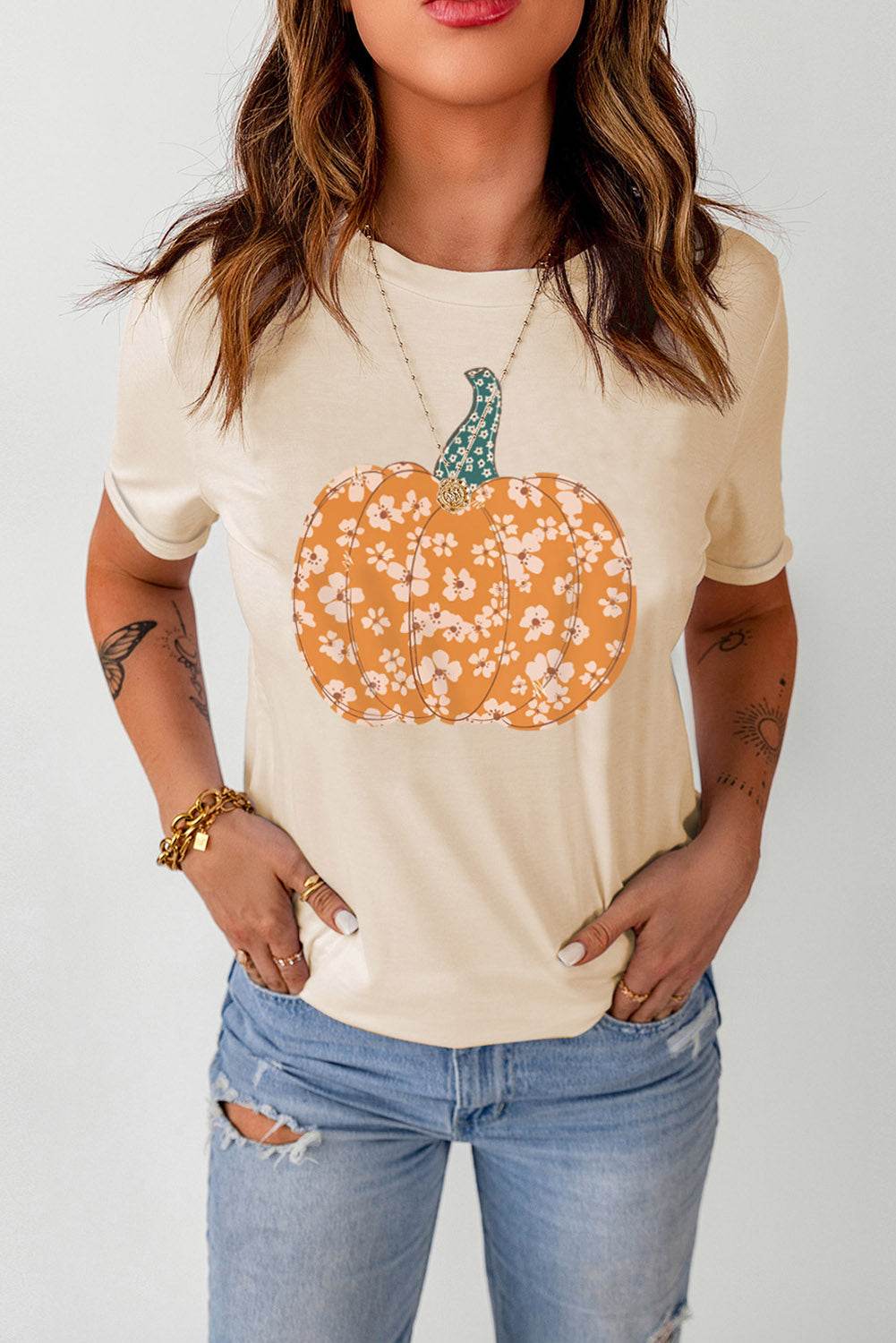 Pumpkin Graphic Round Neck Cuffed T-Shirt - ELY VESSA LLC