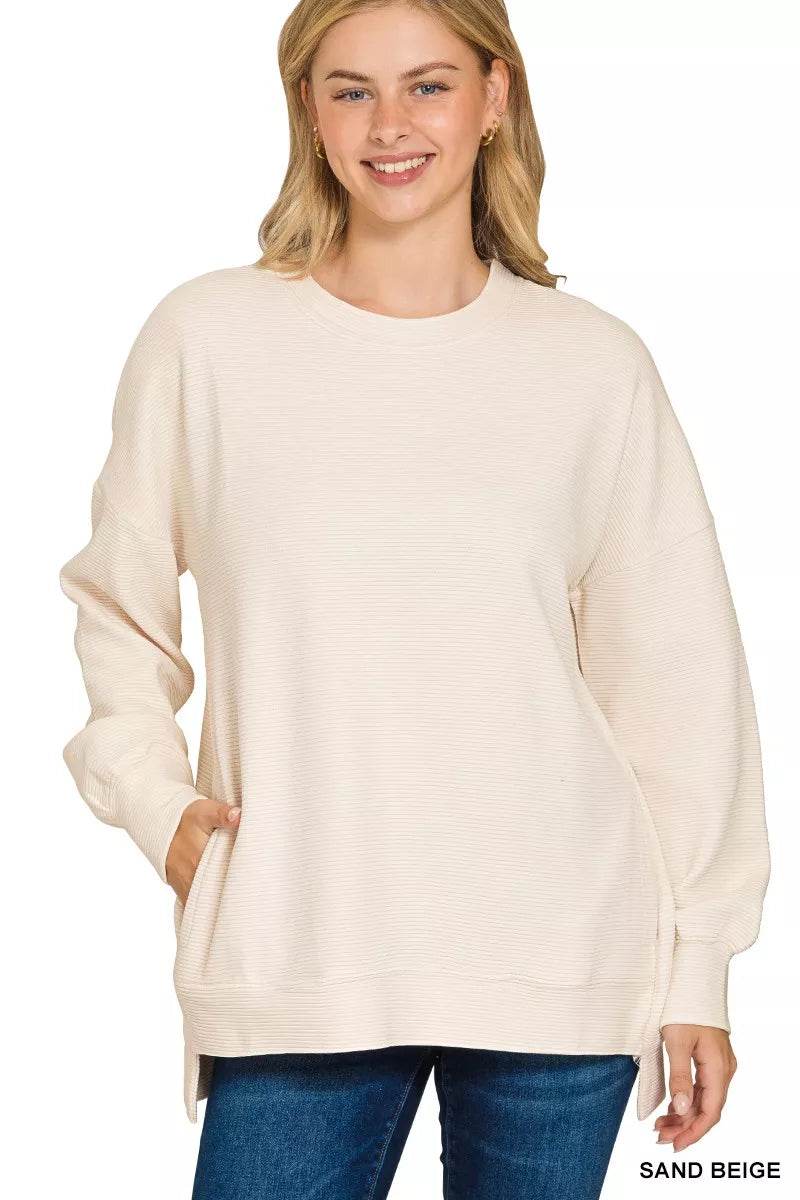 Zenana Full Size Acid Washed Double Ribbed Hi-low Sweatshirt Plus Size - ELY VESSA LLC