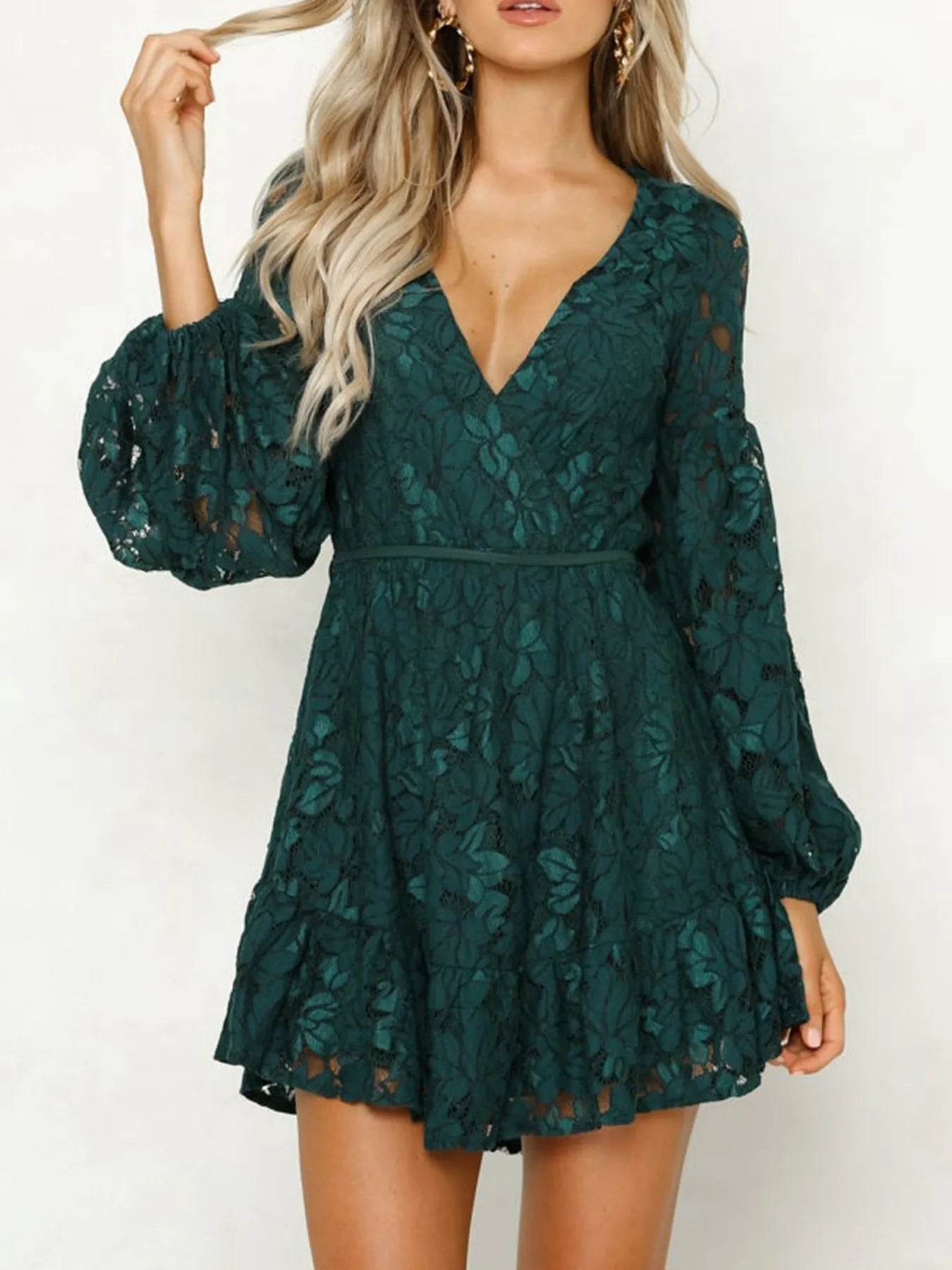 Lace V-Neck Long Sleeve Mini Dress - ELY VESSA LLC