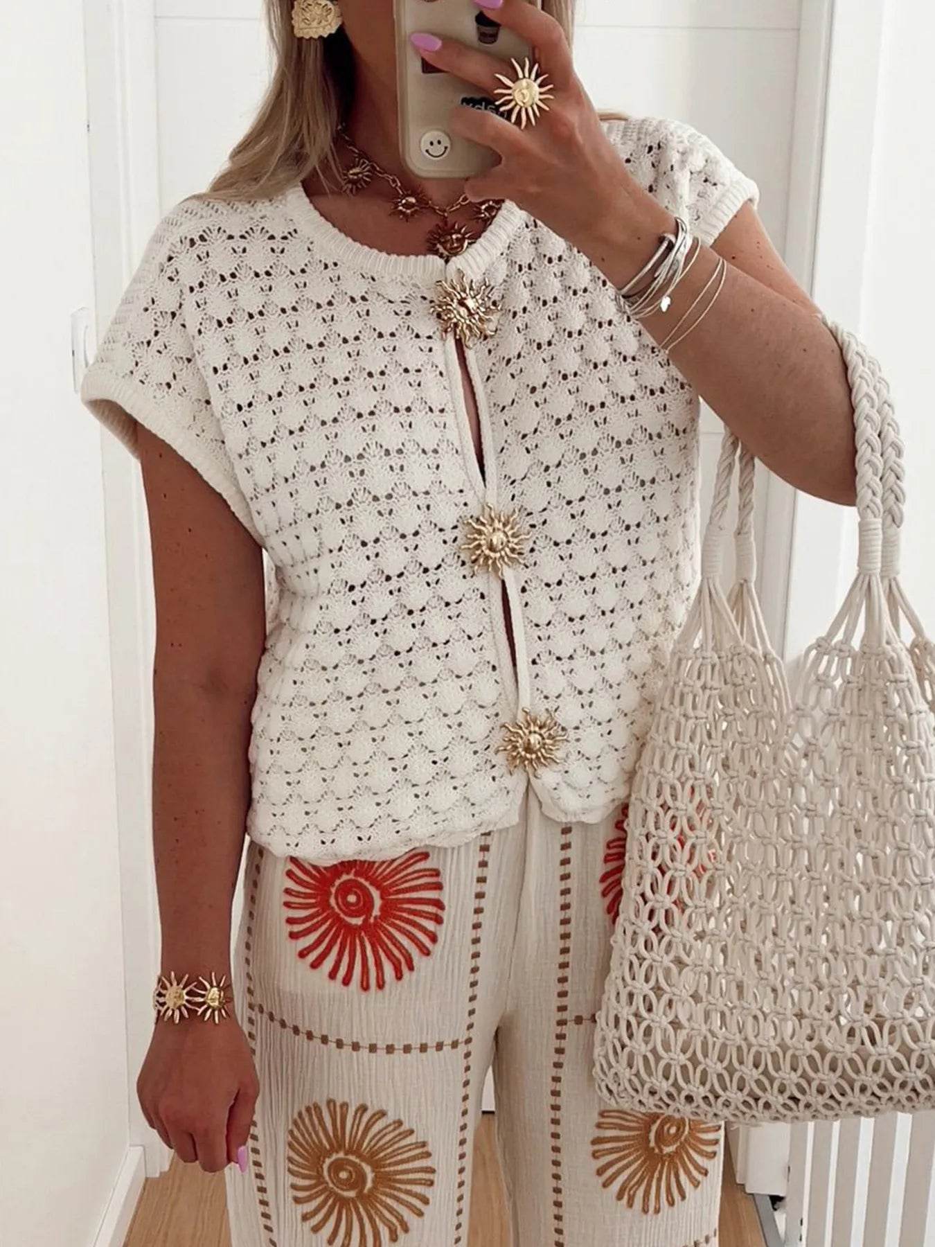 Crochet Short Sleeve Button Front Cardigan - ELY VESSA LLC