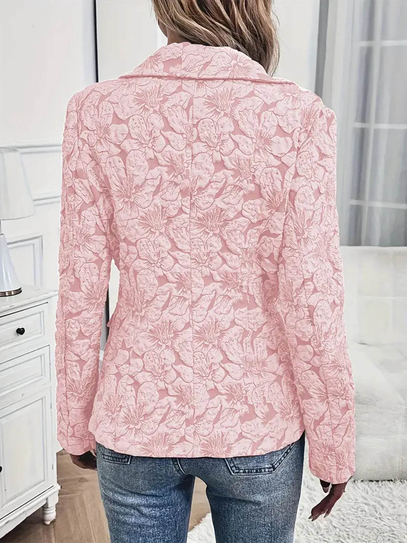 Floral Print Single Button Blazer with Pockets - ELY VESSA LLC