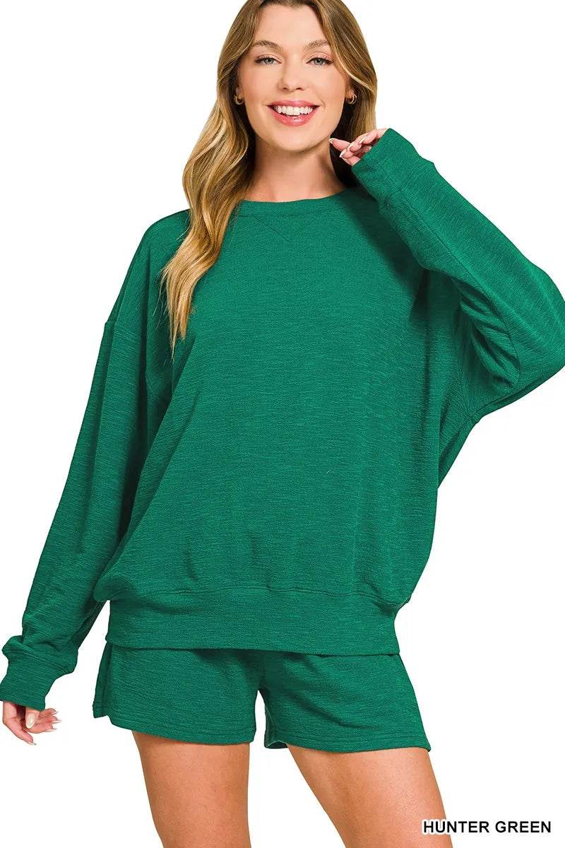 Zenana Slub Long Sleeve Top and Shorts Set - ELY VESSA LLC
