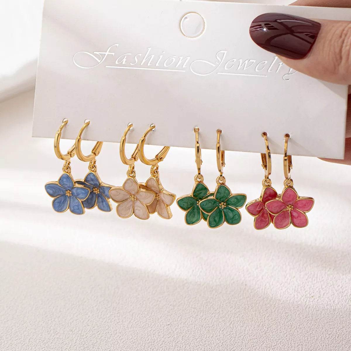 4 Piece Colorful Flower Drop Earrings - ELY VESSA LLC
