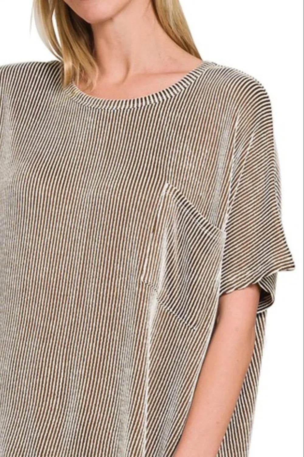 Zenana Corded Rib Oversized Short Sleeve Top - ELY VESSA LLC
