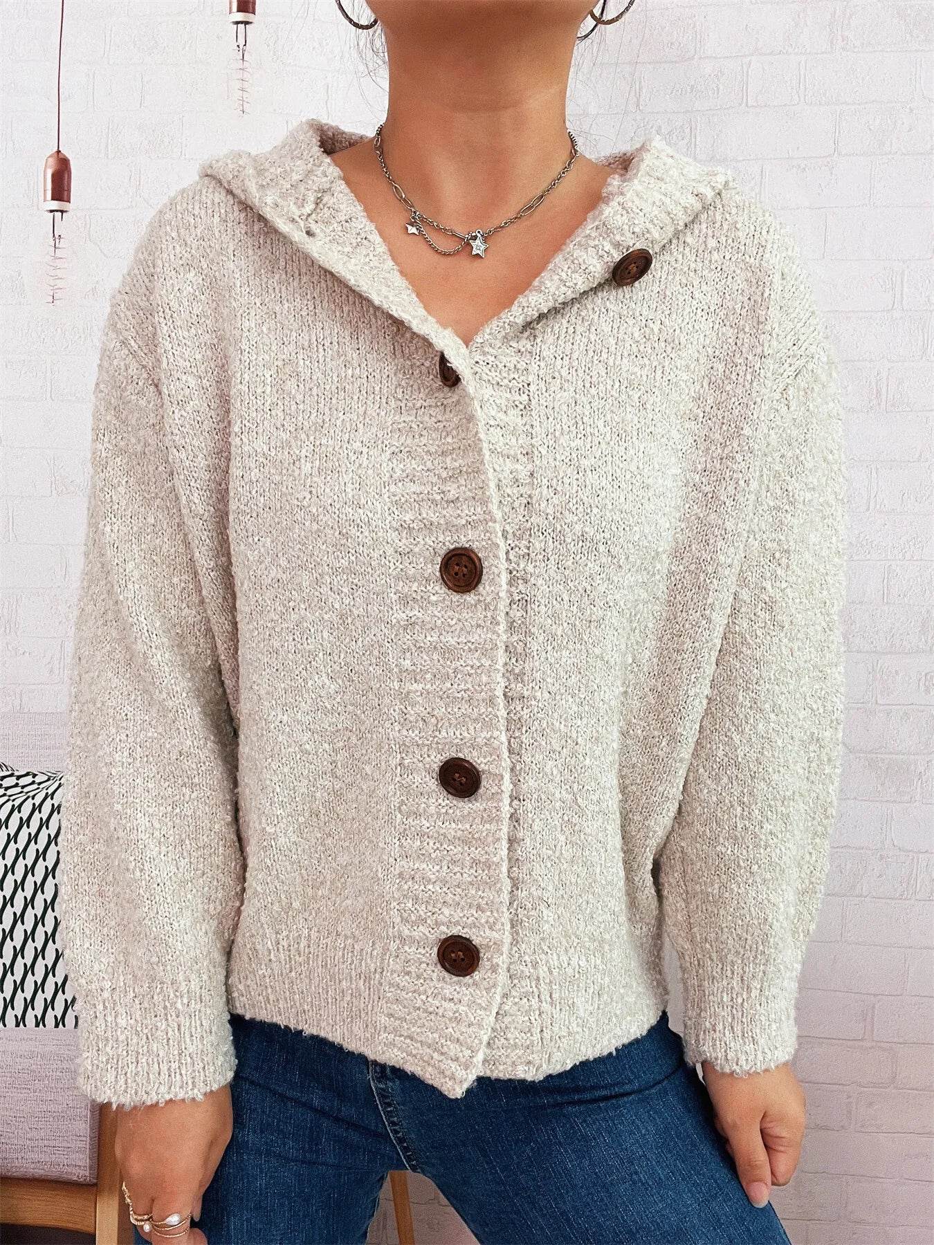 Cozy Button-Up Hooded Cardigan - ELY VESSA LLC