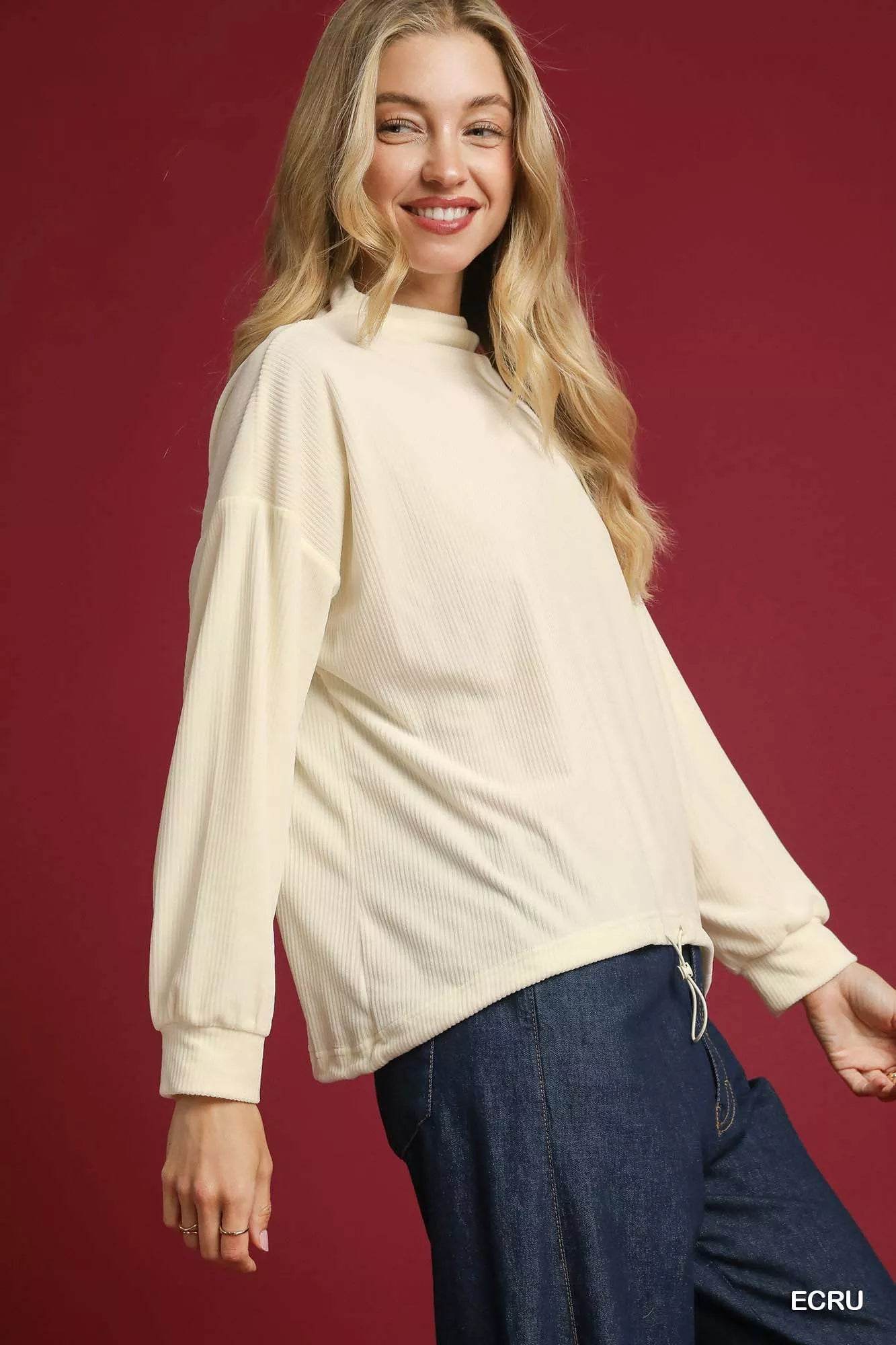 Umgee Ribbed Drawstring Hem Knit Top - ELY VESSA LLC