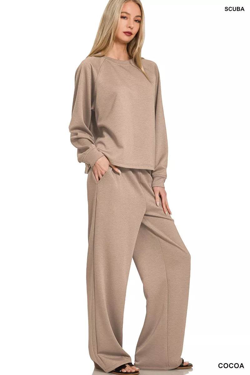 Zenana Scuba Crewneck Sweatshirt and Pants Set - ELY VESSA LLC
