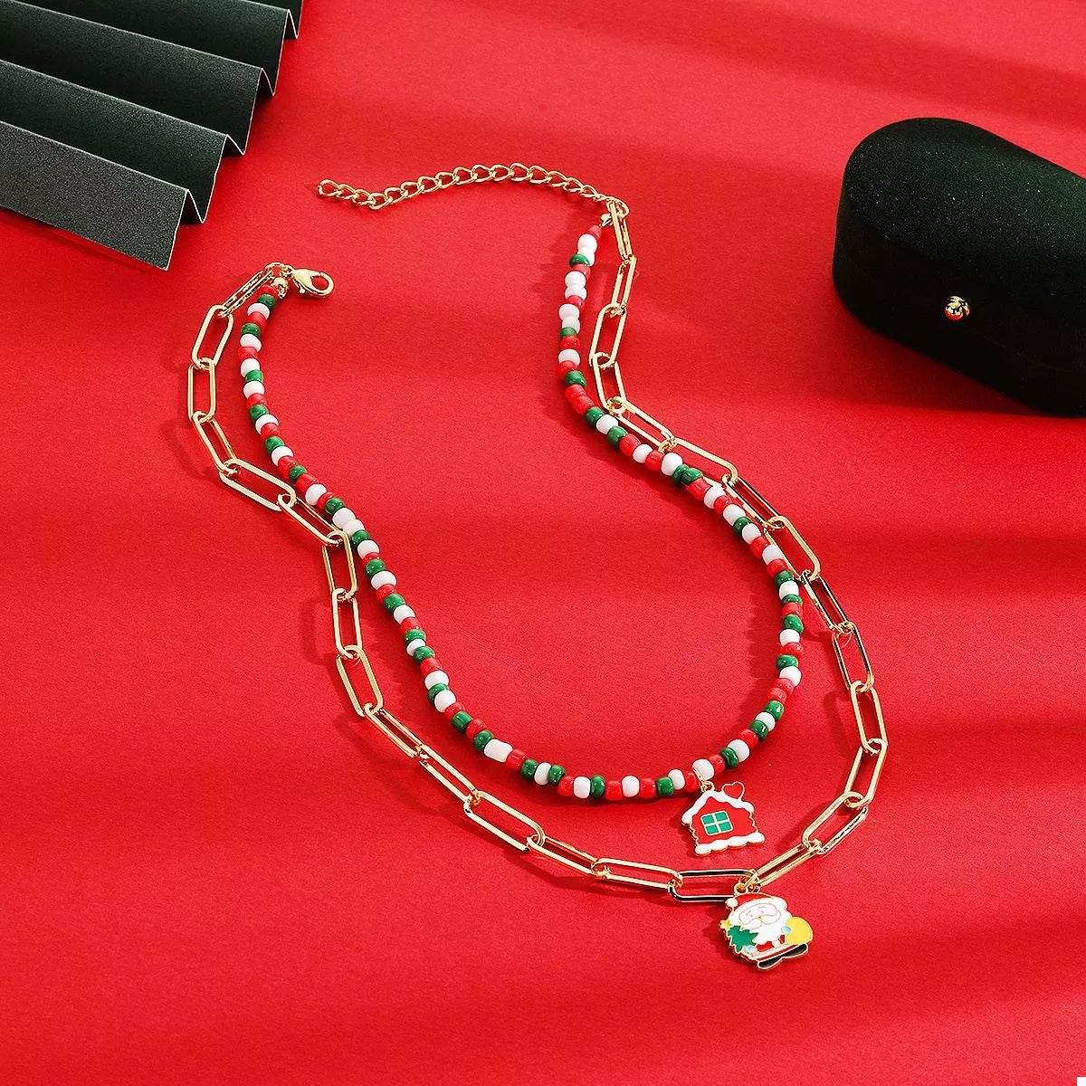 Christmas Double-Layer Necklace with Colorful Beads and Pendant - ELY VESSA LLC