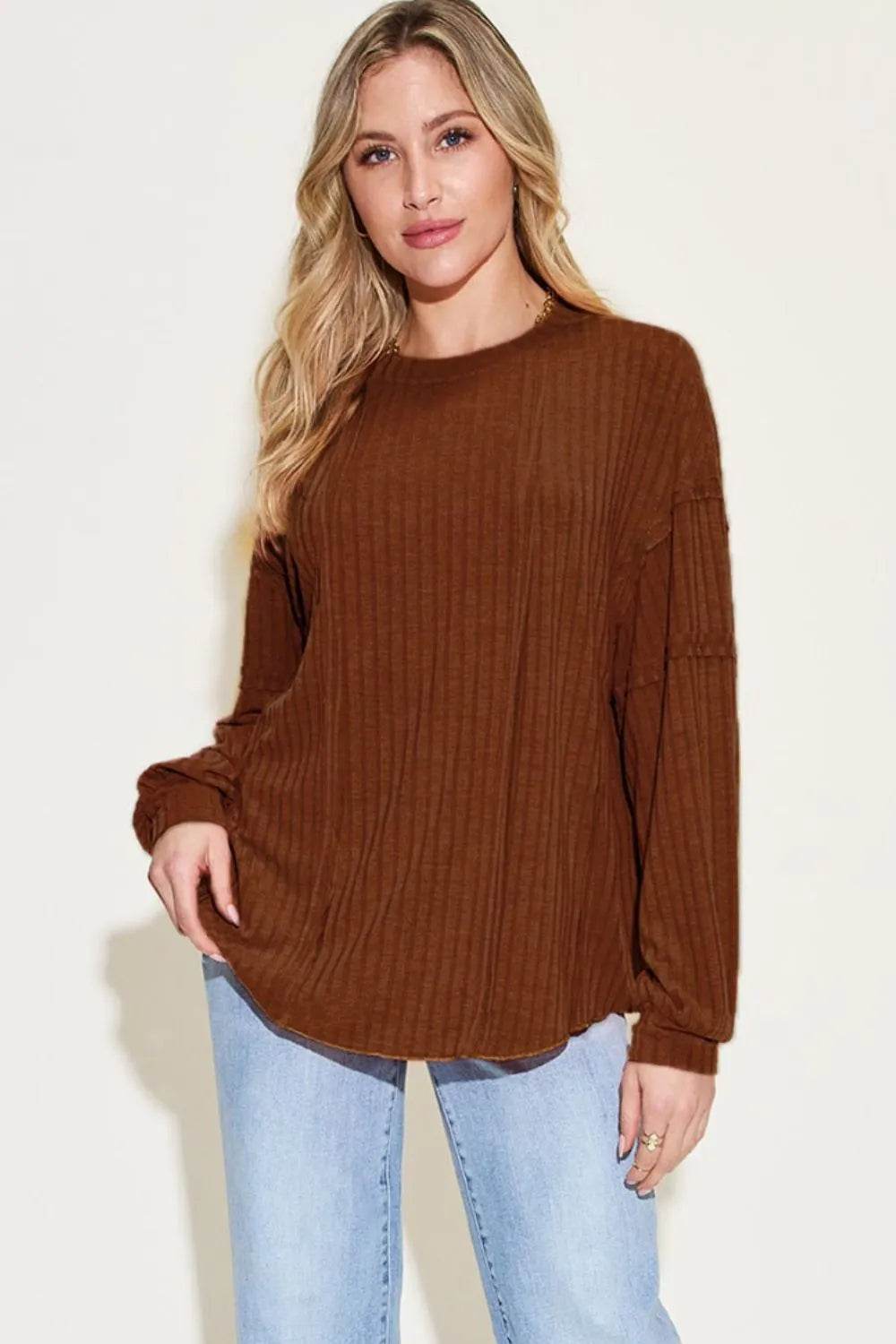 Basic Bae Full Size Ribbed Round Neck Long Sleeve T-Shirt - ELY VESSA LLC