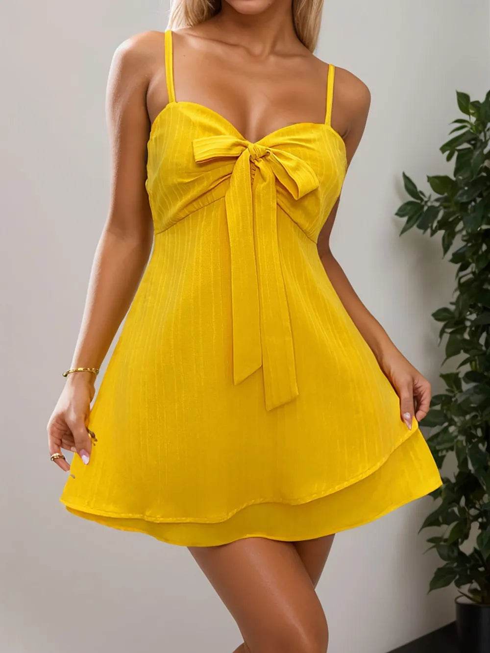 Layered Sweetheart Neck Bow Front Mini Cami Dress - ELY VESSA LLC
