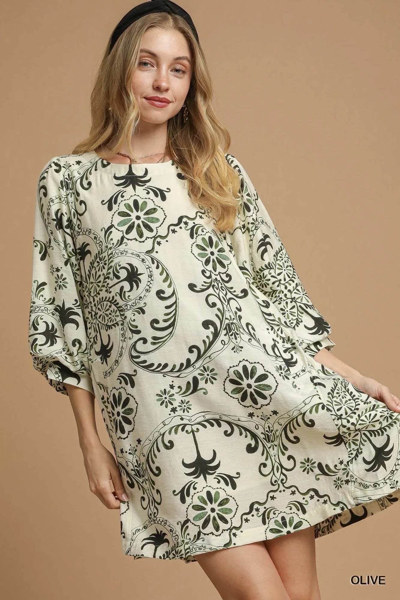 Umgee Boho Printed Balloon Sleeve Mini Dress - ELY VESSA LLC