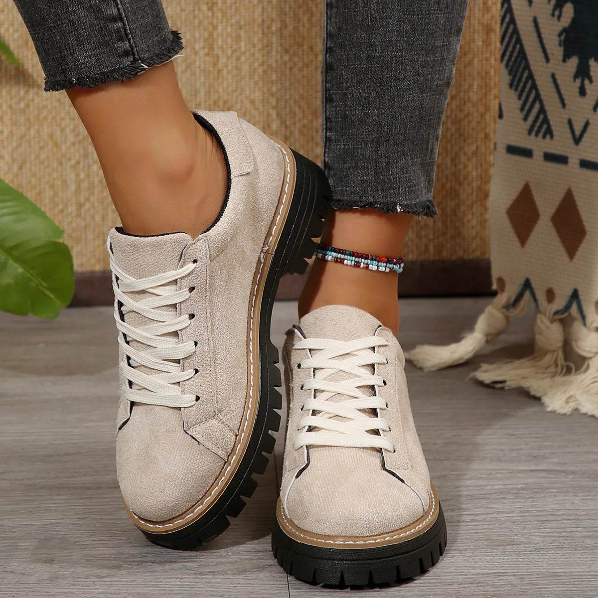 Lace Up Round Toe Platform Sneakers - ELY VESSA LLC