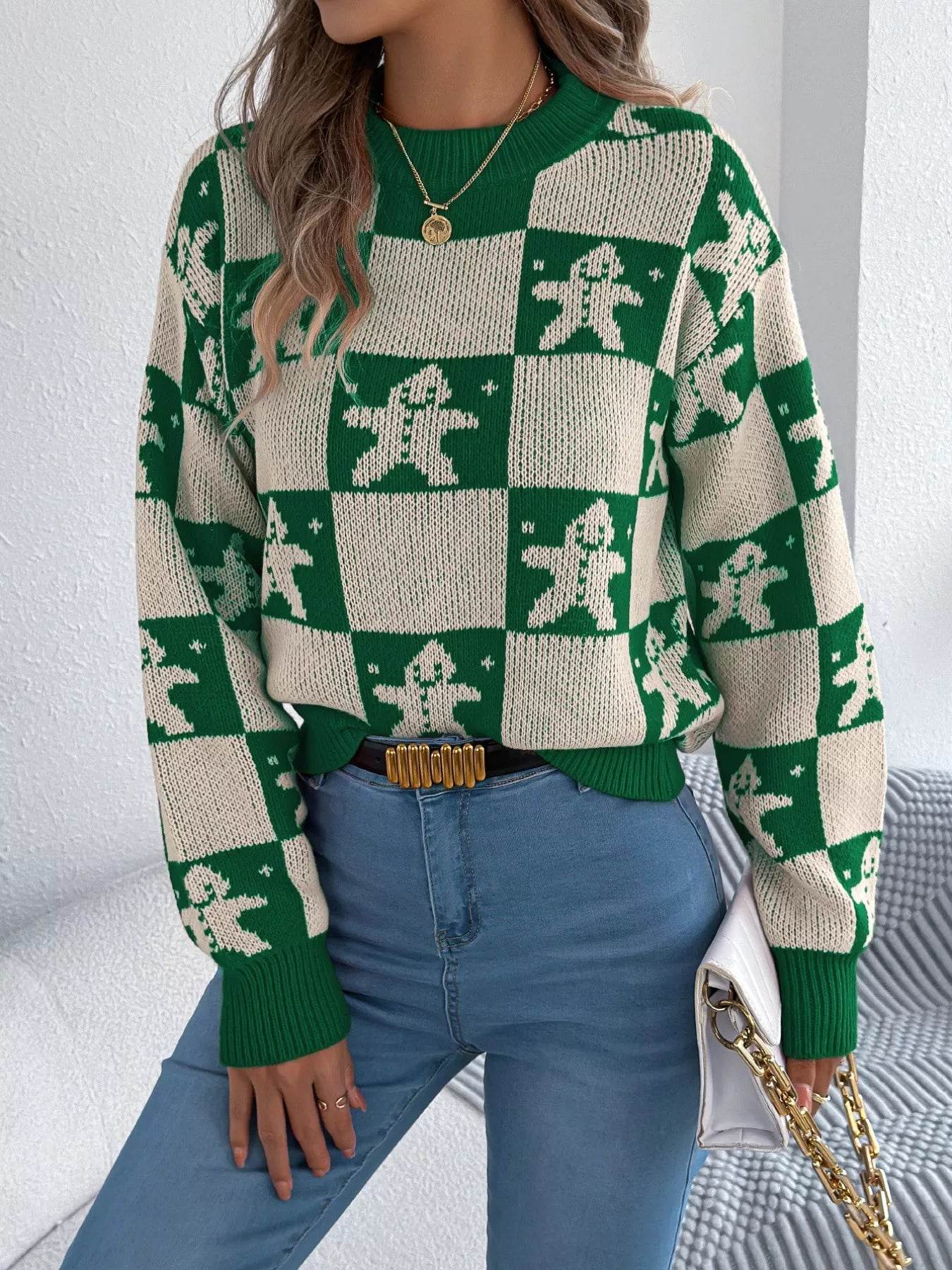 Christmas Checkerboard Gingerbread Round Neck Sweater - ELY VESSA LLC