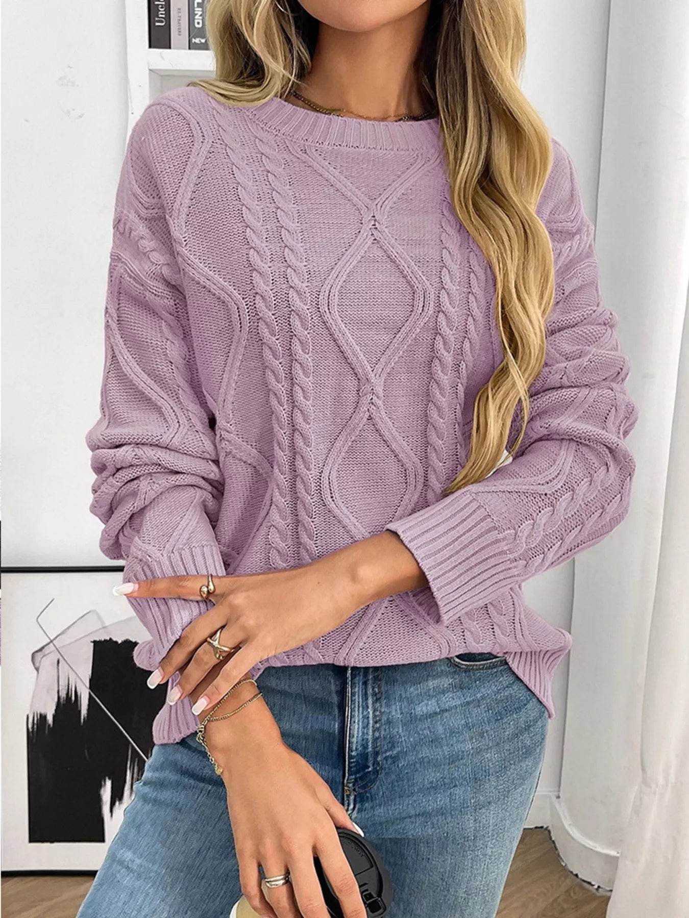Cable Knit Round Neck Long Sleeve Sweater - ELY VESSA LLC