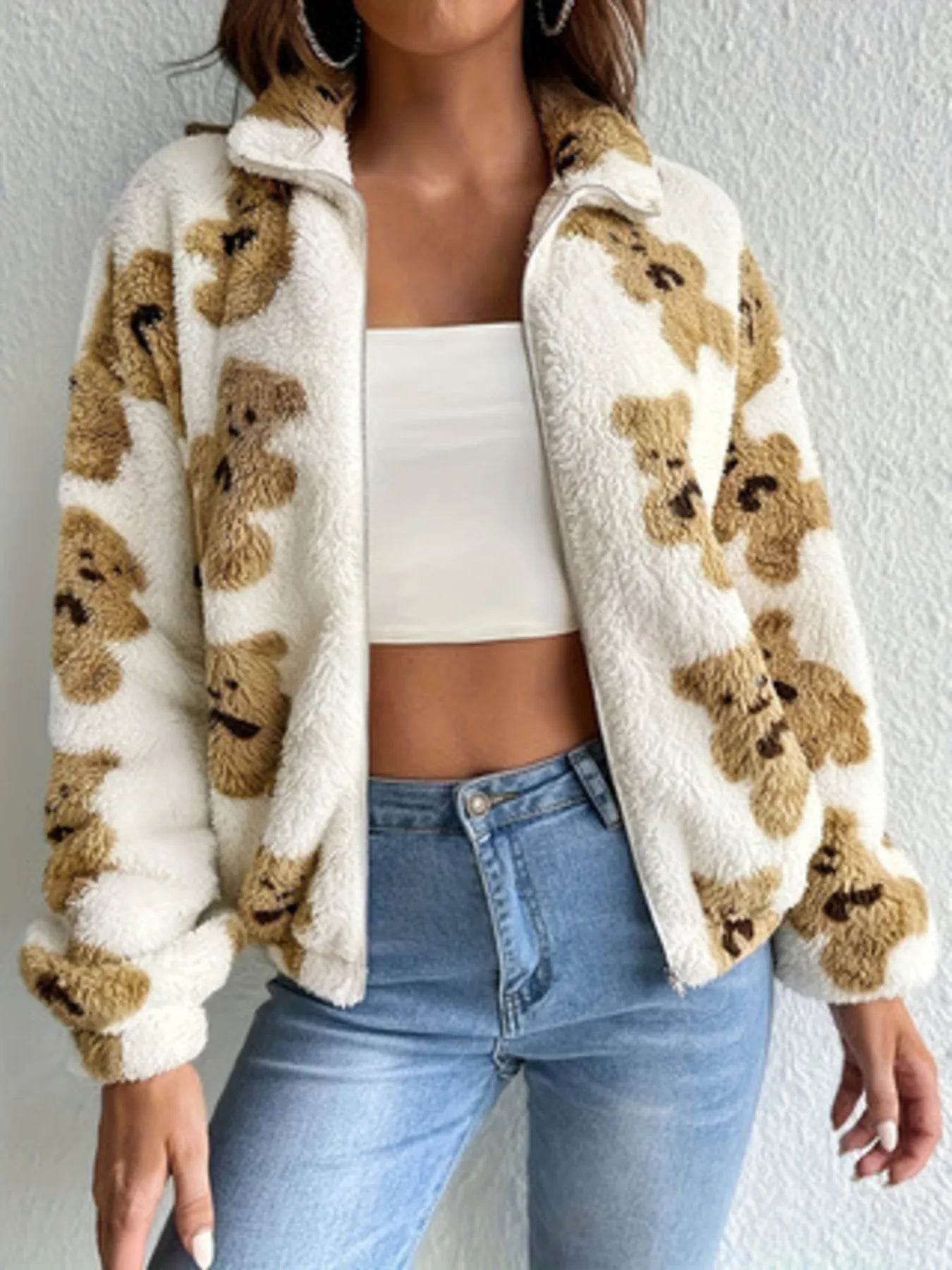Bear Print Fleece Zip Up Outerwear - ELY VESSA LLC
