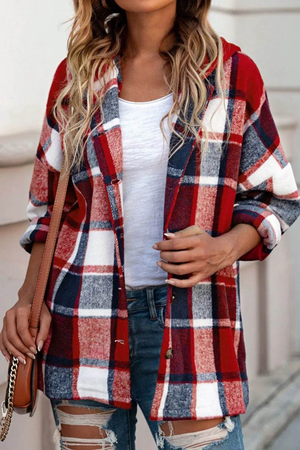 Plaid Button Up Hooded Shacket - ELY VESSA LLC