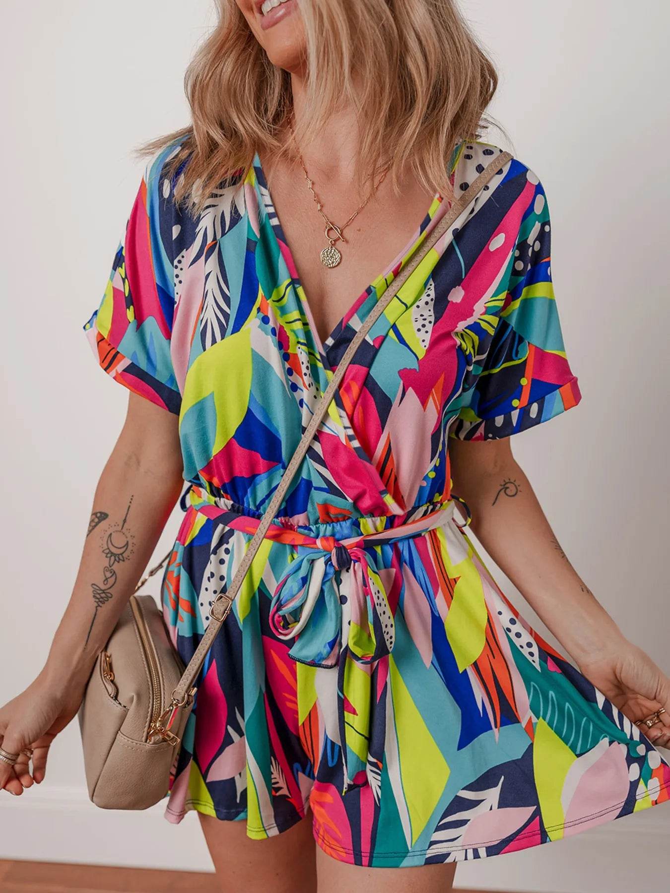 Multicolour Tropical Printed Surplice Neck Tie Waist Romper - ELY VESSA LLC