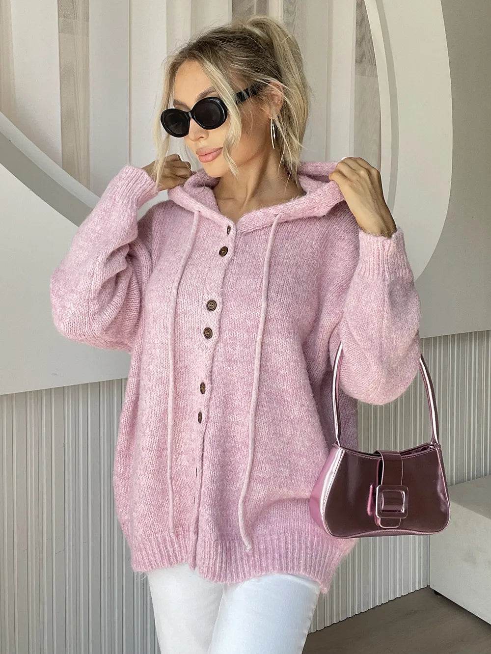 Drawstring Button Down Hooded Cardigan - ELY VESSA LLC