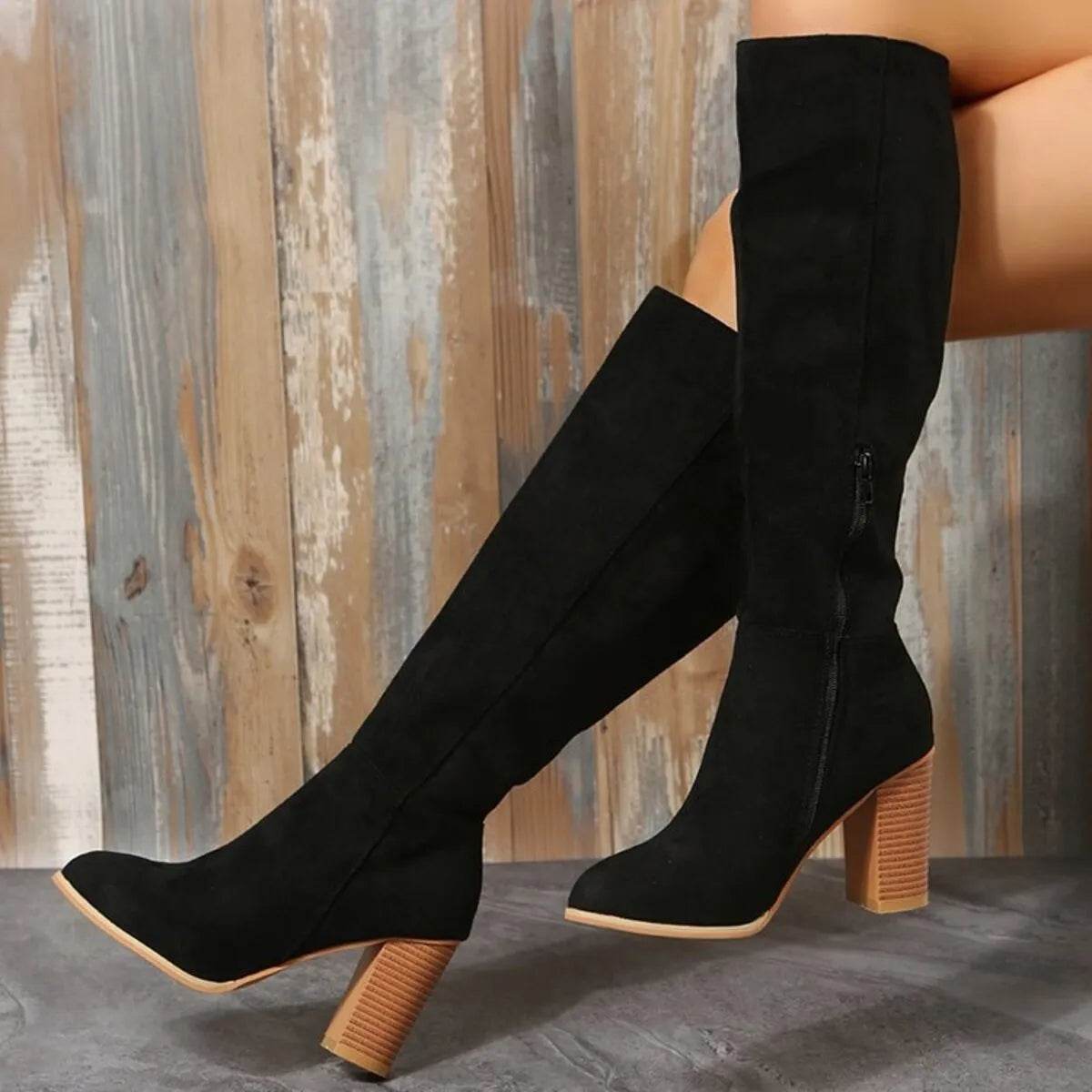 Point Toe Block Heels Boots - ELY VESSA LLC