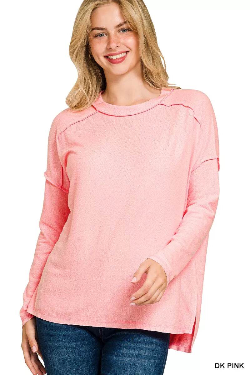 Zenana Full Size Melange Hacci Exposed Seam Hi-low Tee Plus Size - ELY VESSA LLC