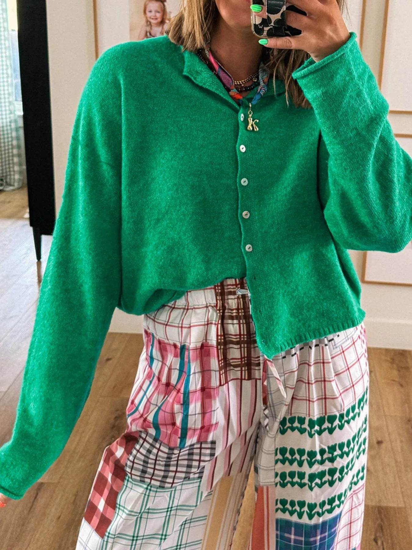 Button-Up Long Sleeve Knit Cardigan - ELY VESSA LLC