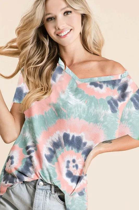BiBi Tie Dye Print Terry V Neck Short Sleeve Top - ELY VESSA LLC