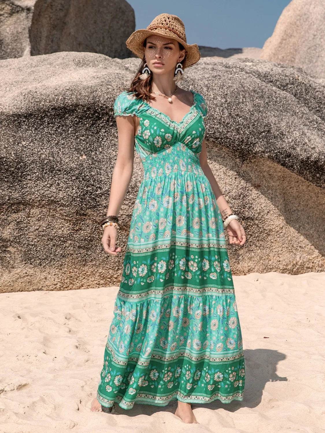 Smocked Printed V-Neck Dress - ELY VESSA LLC