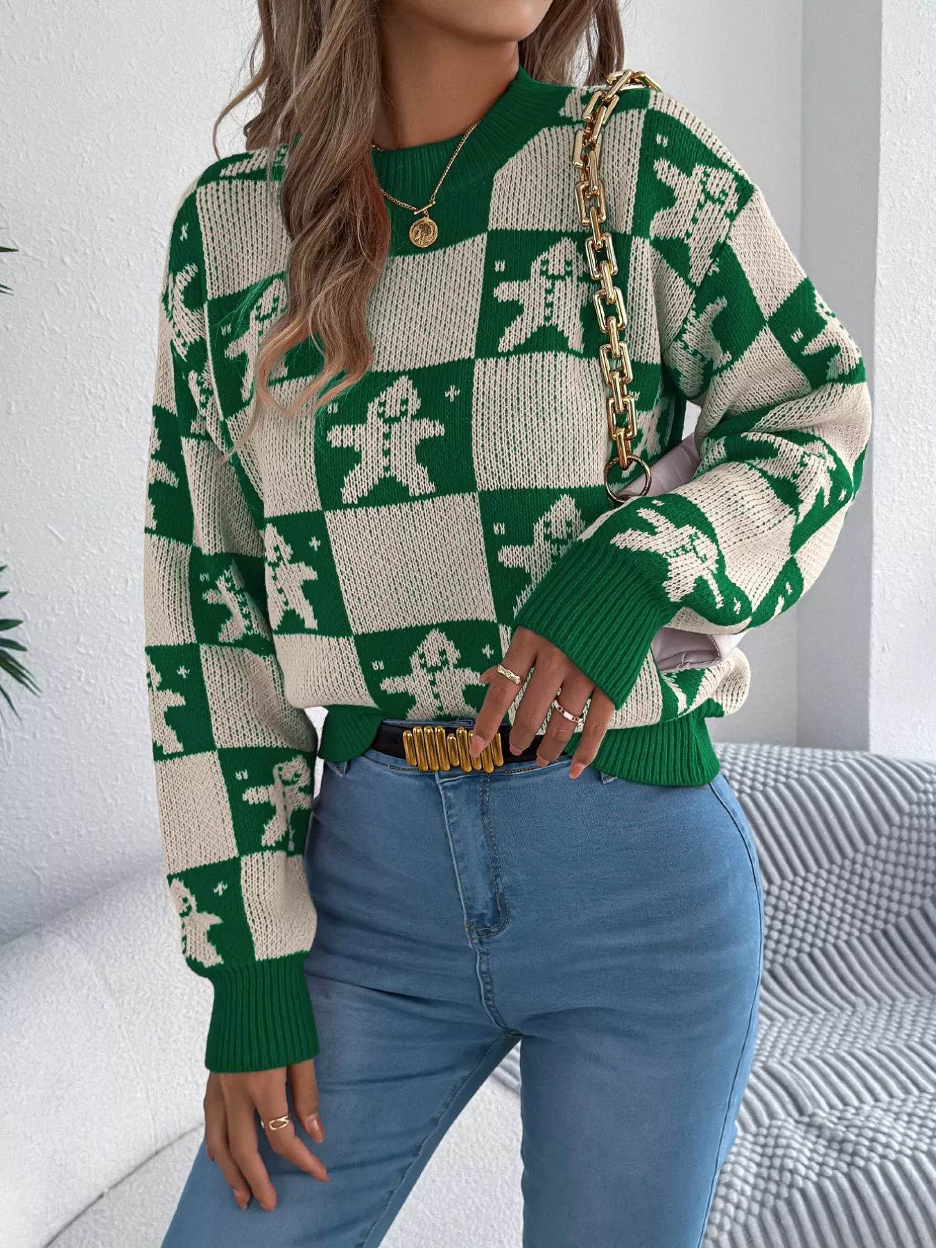 Christmas Checkerboard Gingerbread Round Neck Sweater - ELY VESSA LLC